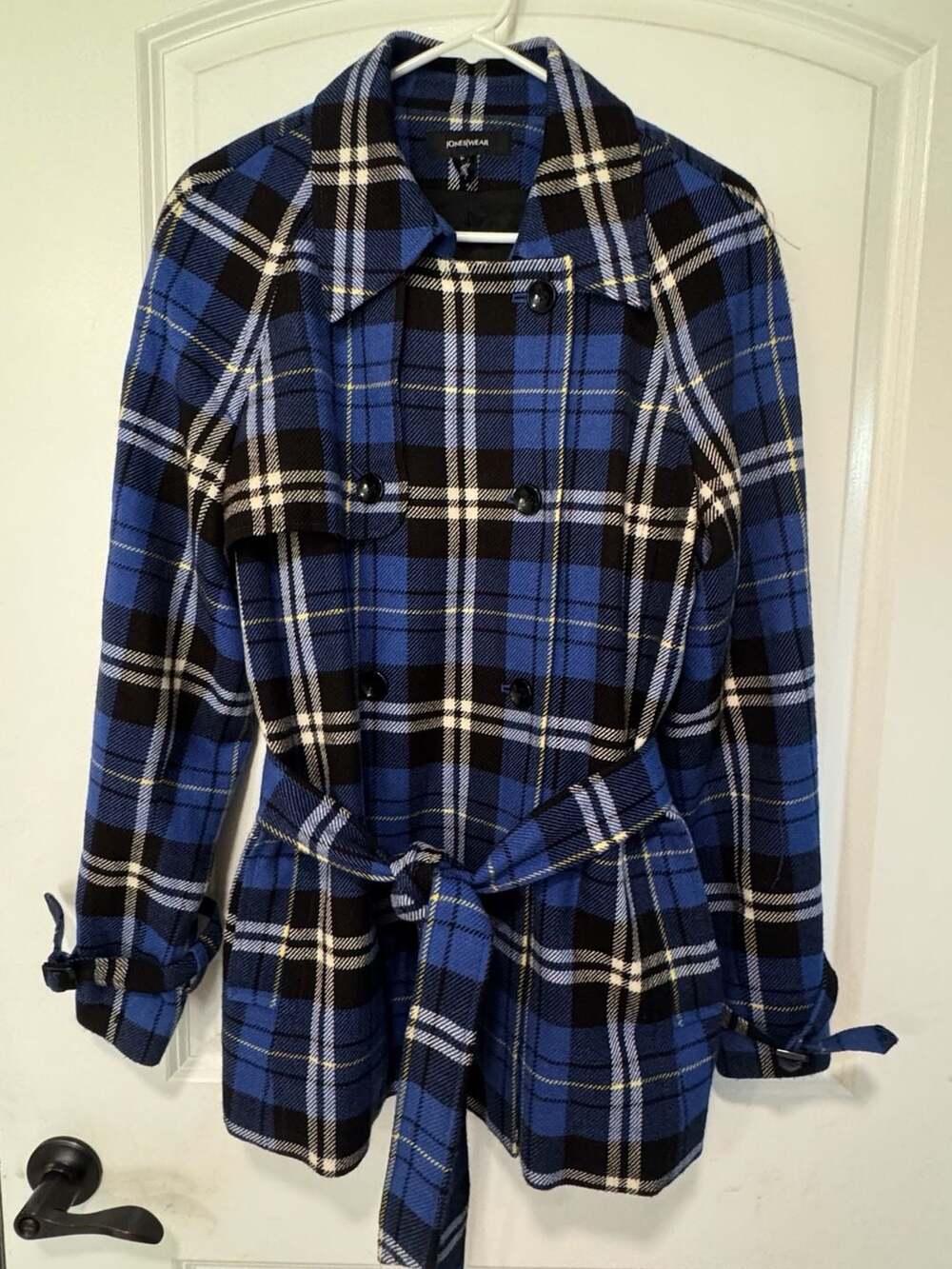 Women’s Large Wool Blend Blue Plaid Belted Trench Coat Preppy Old Money Academia
